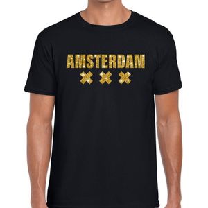 Amsterdam gouden glitter tekst t-shirt zwart heren - heren shirt Amsterdam