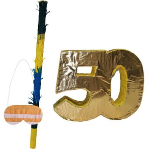 Verjaardag Pinata 50 jaar - goud - 50 x 40 cm - set met stok en masker