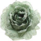 4x Salie Groene Decoratie Bloemen Rozen Op Clip 14 cm - Kerstversiering/Woondeco/Knutsel/Hobby Bloemetjes/Roosjes