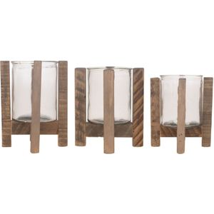 Set van 3x houten theelichthouders/waxinelichthouders op standaard 17,5/21/24.5 cm -  Kaarsenhouders/lantaarns - Sfeer lichtjes