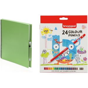 Groen schetsboek/tekenboek met 24 kleurpotloden - Tekenen/kleuren