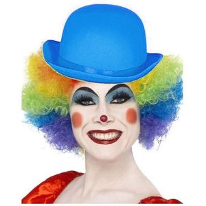 Clown verkleed set gekleurde pruik met bolhoed blauw - Carnaval clowns verkleedkleding en accessoires