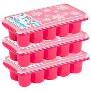 4x stuks Trays met dikke grote ronde blokken van 6.5 cm ijsblokjes/ijsklontjes vormpjes 10 vakjes kunststof roze met deksel