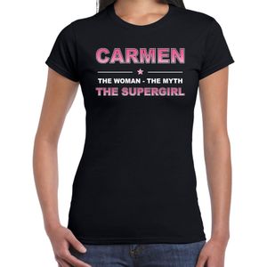 Naam cadeau Carmen - The woman, The myth the supergirl t-shirt zwart - Shirt verjaardag/ moederdag/ pensioen/ geslaagd/ bedankt
