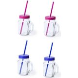 4x stuks Glazen Mason Jar drinkbekers met dop en rietje 500 ml - 2x blauw/2x roze - afsluitbaar/niet lekken/fruit shakes