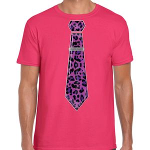 Bellatio Decorations Verkleed T-shirt heren - panterprint stropdas - roze - foute party - carnaval