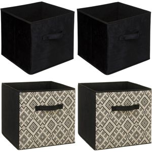 Set van 4x stuks opbergmanden/kastmanden 29 liter zwart/creme polyester 31 x 31 x 31 cm - Opbergboxen - Vakkenkast manden