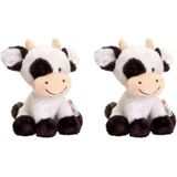 Set van 2x stuks keel Toys pluche zwart/witte koe/koeien knuffels 14 cm - Koe boerderijdieren knuffeldieren - Speelgoed voor kind