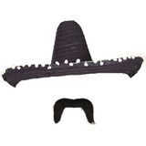 Carnaval verkleed set - Mexicaanse sombrero hoed 60 cm met plaksnor - zwart - heren
