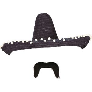 Carnaval verkleed set - Mexicaanse sombrero hoed 60 cm met plaksnor - zwart - heren