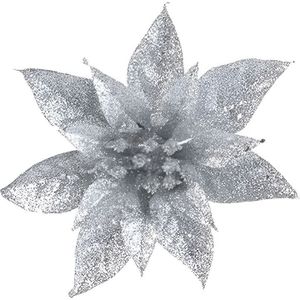 Cosy &amp; Trendy Kerstboomversiering op clip zilveren glitter bloem 15 cm - kerstboom decoratie - zilveren kerstversieringen