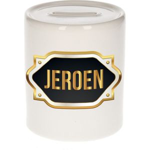 Jeroen naam cadeau spaarpot met gouden embleem - kado verjaardag/ vaderdag/ pensioen/ geslaagd/ bedankt