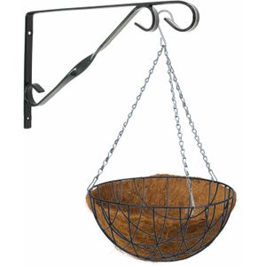 Hanging basket donkergroen 40 cm met klassieke muurhaak donkergrijs en kokos inlegvel - metaal - complete hangmand set