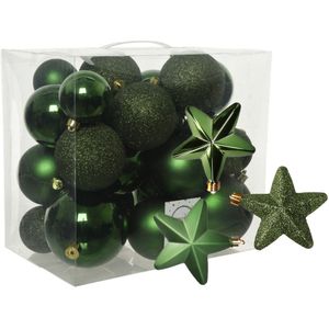 Kerstballen en sterren ornamenten - set 32x stuks - kunststof - donkergroen