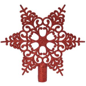 1x Rode glitter open ster kerstboom piek kunststof  20,5 cm - Onbreekbare plastic pieken - Kerstboomversiering rood