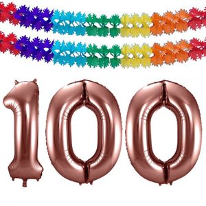 Folie ballonnen - Leeftijd cijfer 100 - brons - 86 cm - en 2x slingers