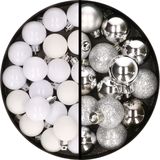 Kerstballen 34x st - 3 cm - wit en zilver - kunststof