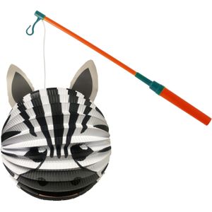 Bol lampion zebra - wit/zwart - H20 cm - papier - met lampionstokje - 40 cm