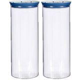 2x stuks voorraadpot/bewaarpot transparant/blauw met deksel L12xB12xH28 cm - 2200 ml - Kunststof voorraadpotten