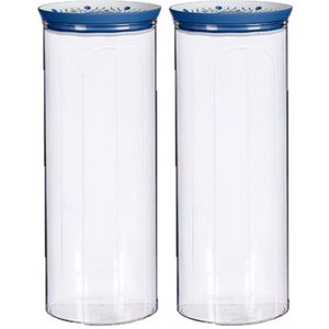 2x stuks voorraadpot/bewaarpot transparant/blauw met deksel L12xB12xH28 cm - 2200 ml - Kunststof voorraadpotten