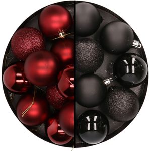 24x stuks kunststof kerstballen mix van donkerrood en zwart 6 cm - Kerstversiering
