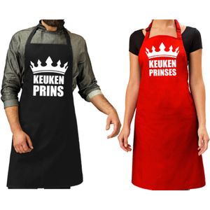 Koppel cadeau set: 1x Keuken prins keukenschort zwart heren + 1x Keuken prinses rood dames