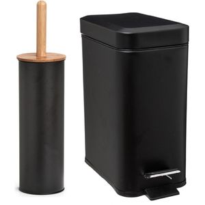 Zeller Badkamer/toilet accessoires set - WC-borstel/pedaalemmer 5L- zwart - metaal/bamboe