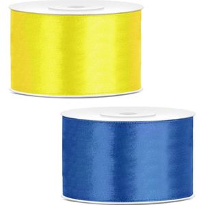Sierlinten/cadeaulinten/satijnen linten - Set 2x stuks - geel en kobalt blauw - 38 mm x 25 meter
