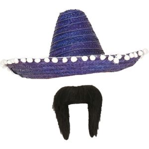 Carnaval verkleed set - Mexicaanse sombrero hoed dia 45 cm met plaksnor - blauw - heren