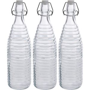 3x Glazen flessen transparant strepen met beugeldop 1000 ml - Keukenbenodigdheden - Woondecoratie - Tafel dekken - Koude dranken serveren/bewaren - Olie/azijn flessen - Decoratie flessen