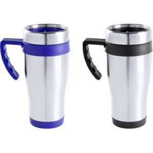 Warmhoudbekers/thermos isoleer koffiebekers/mokken - 2x stuks - RVS - zwart en blauw - 450 ml