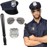 Boland Carnaval verkleed set Politie agent - zonnebril/badge/hoed/knuppel - volwassenen
