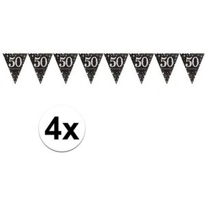 4x 50 jaar vlaggenlijn zwart 4 meter - leeftijd feestartikelen versiering