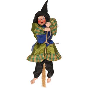 Halloween horror decoratie heksen pop op bezem - 44 cm - groen - Versiering/feestartikelen