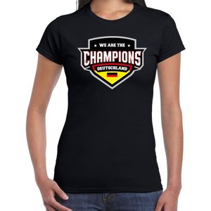 We are the champions Deutschland t-shirt met schild embleem in de kleuren van de Duitse vlag - zwart - dames - Duitsland supporter / Duits elftal fan shirt / EK / WK / kleding