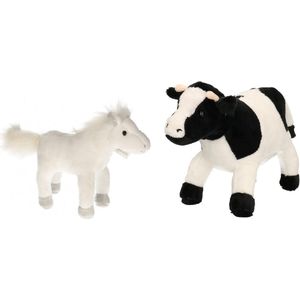 Pluche knuffel boerderijdieren set Koe en Paard van 20 cm - Zachte kinder knuffels