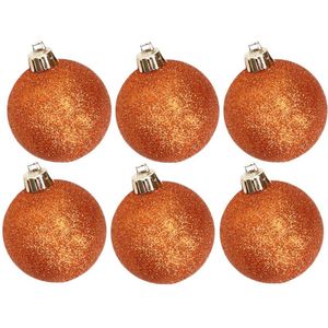 6x stuks kunststof glitter kerstballen oranje 6 cm - Onbreekbare kerstballen - Kerstversiering