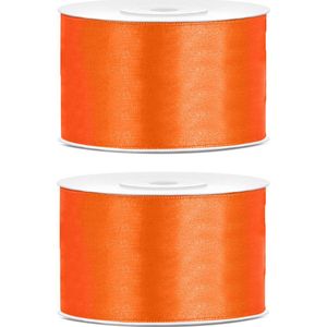 2x Hobby/decoratie oranje satijnen sierlinten 3,8 cm/38 mm x 25 meter - Cadeaulint satijnlint/ribbon - Oranje linten - Hobbymateriaal benodigdheden - Verpakkingsmaterialen