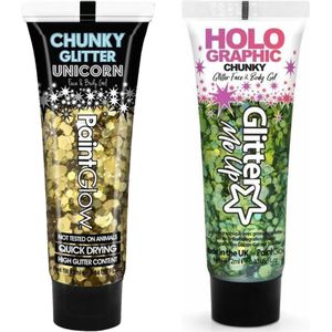 Paintglow Chunky Glittergel voor lichaam en gezicht - 2 tubes - goud en groen - 12 ml