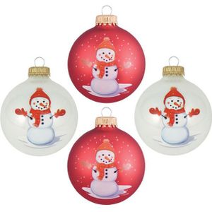 Krebs luxe gedecoreerde kerstballen - 4x st - rood/wit - 7 cm - glas - sneeuwpop