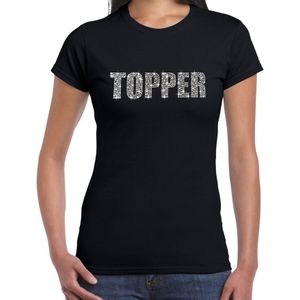 Glitter Topper t-shirt zwart met steentjes/ rhinestones voor dames - Glitter kleding/ foute party outfit