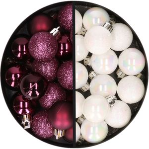 Kerstballen 34x st - 3 cm - aubergine paars en parelmoer wit - kunststof