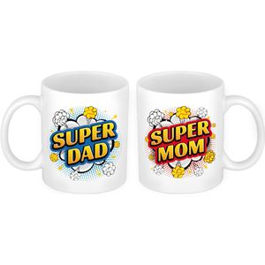 Super Dad en Mom cartoon mok - Cadeau beker set voor Papa en Mama - Moederdag en Vaderdag cadeautje