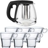 Glazen theepot met filter/infuser van 1,2 liter met 6x stuks theeglazen van 220 ml