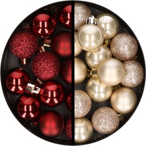 Kerstballen 34x st - 3 cm - donkerrood en champagne - kunststof