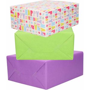 3x Rollen kraft inpakpapier paars/groen/happy birthday 200 x 70 cm - cadeaupapier / kadopapier / boeken kaften