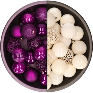Decoris kerstballen - 74x st - wol wit en paars - 6 cm - kunststof