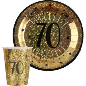 Verjaardag feest bekertjes en bordjes leeftijd - 20x - 70 jaar - goud - karton