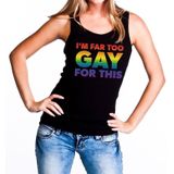 I am far too gay for this regenboog gaypride tanktop -  zwart regenboog singlet voor dames - gaypride