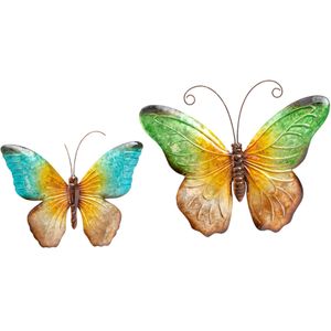 Anna Collection Wanddecoratie vlinders - 2x - blauw/groen - 32 x 24 cm/44 x 32 - metaal - muurdecoratie/schutting - dieren beelden